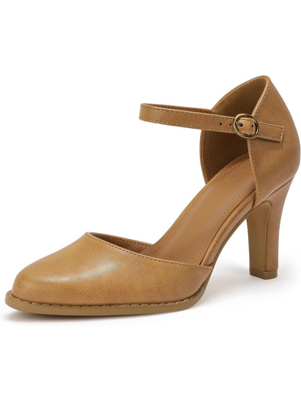 Women's Light Brown Pu Closed Toe Chunky High Heel Comfortable Dress Pumps Shoes